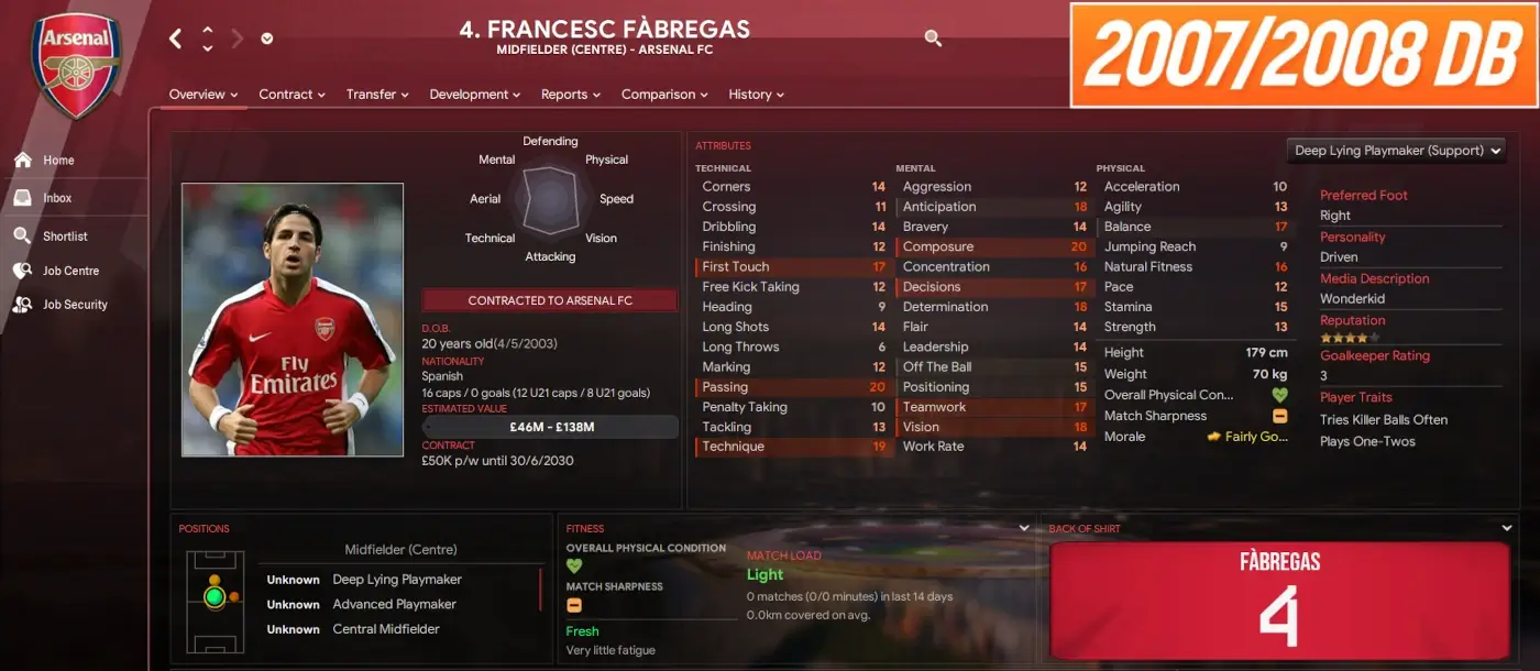 Cesc Fabregas player profile in 2007-08 throwback database